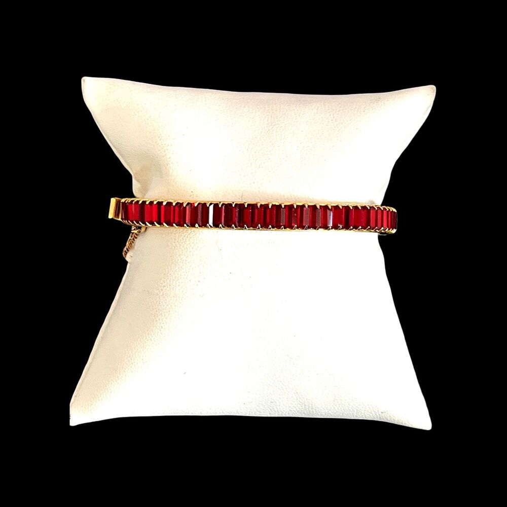 Vintage 1960s Red Crystal Baguette Hinged Clamper Bracelet Gold Tone - 15A